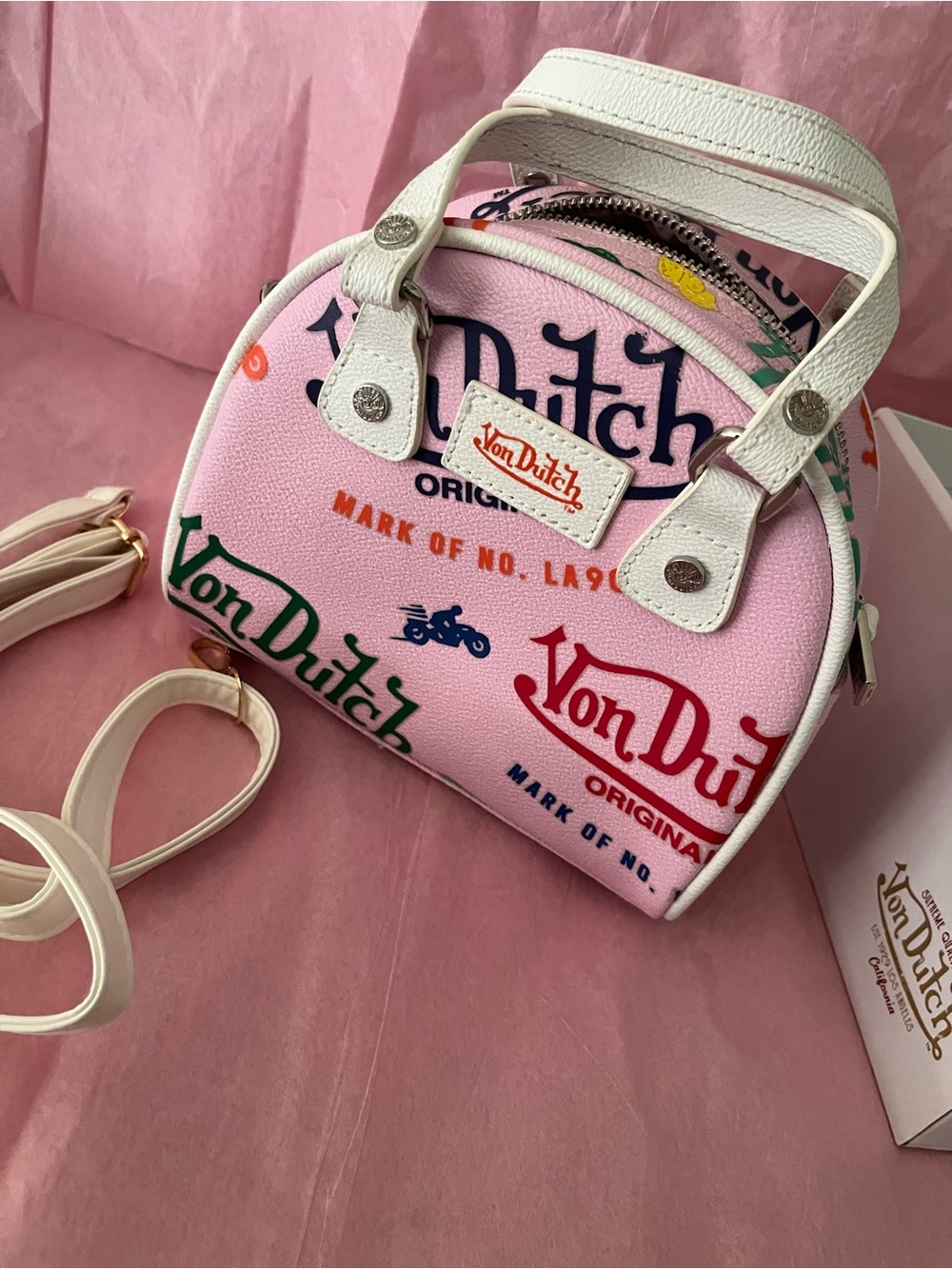 Von Dutch Pink Logo Mini Dome Satchel with White Trim